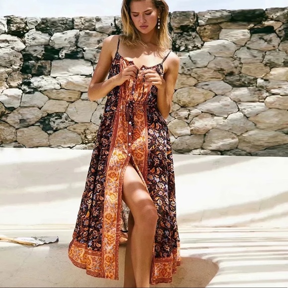 Gypsy Boho Floral Button Up Midi Dress Black Orang - Picture 4 of 9